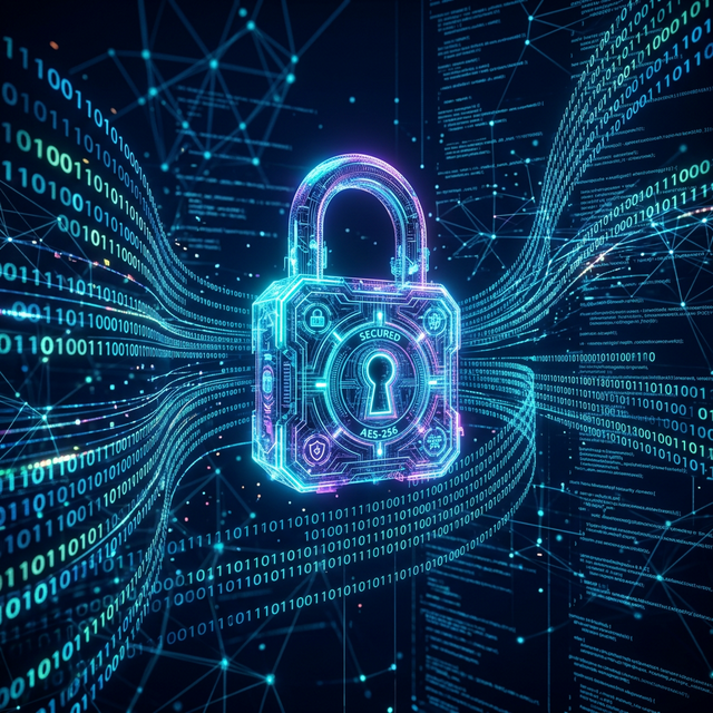 A glowing neon padlock surrounded by binary code and digital network streams